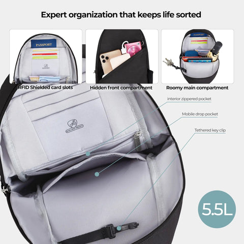 Open Anti Theft Sling Bag With Locking Zippers displaying RFID card slots, compartments, and padded strap for everyday travel security.