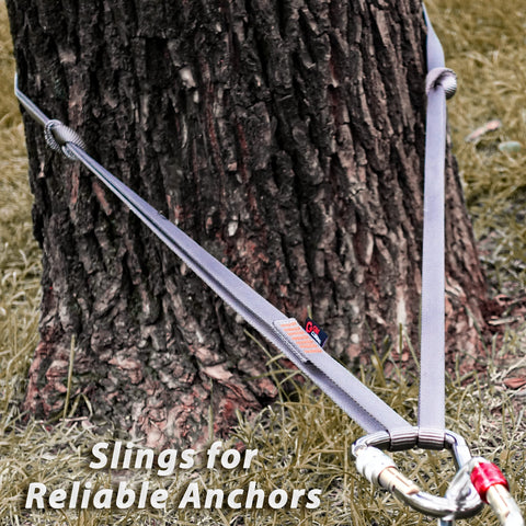 GM Climbing 16mm Nylon Sling Runner 60cm 24 Inch Fluorescent Orange, 22kN Capacity, securing tree as anchor point.