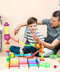 Totally Fun 8 Piece Marbles For Magnetic Block Tiles Marble Run Tracks Set with colorful track pieces and child playing