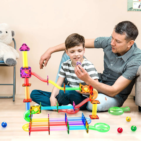 Totally Fun 8 Piece Marbles For Magnetic Block Tiles Marble Run Tracks Set with colorful track pieces and child playing