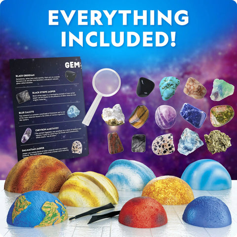 Space Gemstone Dig Kit For Kids With 8 Planet Shaped Bricks And 16 Real Gem And Mineral Specimens, Hands On Excavation Adventure