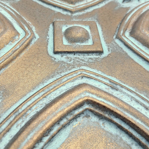 Close-up of Retro Copper Faux Tin Ceiling Tiles Pack Of 10 For DIY Drop In Or Glue Up Install, 2x2 grid pattern, weathered look.
