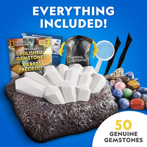 Gigantic Gemstone Dig Kit For Kids Fun Excavate 50 Real Gems From A Giant Dig Brick With Tools, bag, and colorful gemstones shown