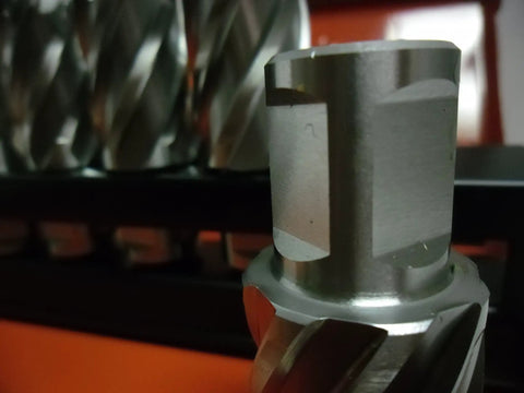 Close-up of a one inch annular cutter from the Heavy Hitter Magnetic Drill set, showcasing precision metal fabrication tools.