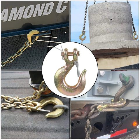 4 Pack 1/4 Inch G70 Forged Steel Clevis Slip Hook With Spring Safety Latch shown in various applications for heavy lifting and towing.