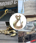 4 Pack 1/4 Inch Clevis Slip Hooks With Safety Latch Grade 70 Forged Steel 12600 Lb Capacity Dead Tight Towing And Chain Tie Down Gear That Locks Down Hard in various uses on chains and cargo.