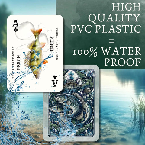 Waterproof Plastic Freshwater Fish Playing Cards With 52 Species showcasing perch card and intricate back design near water.