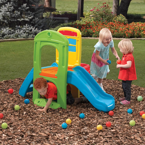 Children playing on Play Ball Fun Climber Backyard Playground Set For Toddlers 1.5+ With Slide, Ladder, Ball Drop Maze