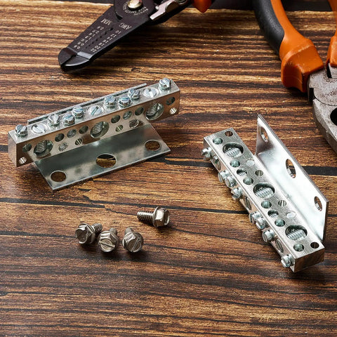 Ground Bar Kit With 11 Terminal Ground Bus Bar No 14-6 Small And 14-1/0 Large Opening 2 Pack Heavy Duty Grounding Busbar shown on wood surface