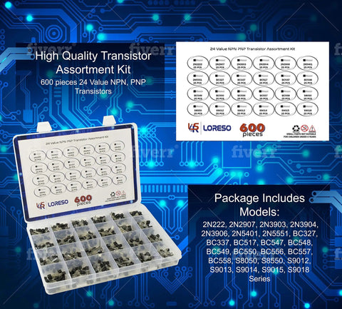 Image of Transistor Assortment Kit Box With 600 Pieces And 24 Value NPN PNP Transistors Including 2N2222 2N2907 BC327 BC337 BC556 for DIY use.