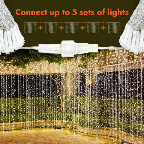 300 LED Curtain String Lights With 8 Modes Plug In Fairy Lights for indoor outdoor backdrop covering patio area