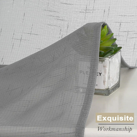 Close-up of Gray Faux Linen Sheer Curtains Set 2 Panels Each 40x96 Inches with textured material for farmhouse living room or bedroom