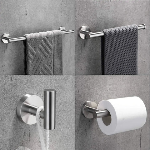 Brushed Nickel Bathroom Hardware Set 5-Piece Kit With 18-Inch Towel Bar Hand Towel Bar Toilet Paper Holder And Two Robe Hooks Durable SUS304 Stainless Steel Easy Upgrade For Any Bath set mounted on wall with towels and paper roll