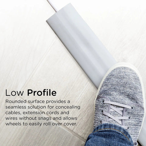 10ft Floor Cord Cover Cable Protector Heavy Duty Cord Hider for home and office on light wood floor with sneaker stepping on it