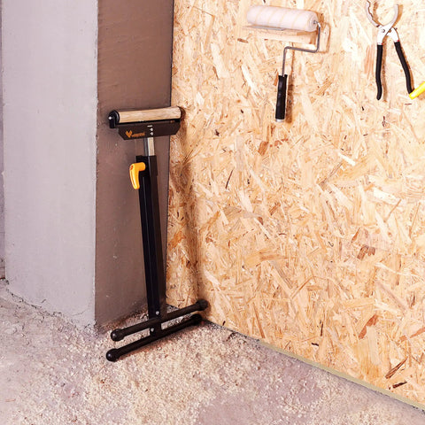 Roller Support Stand Twin Pack With 132 Lb Capacity Each, Heavy Duty Steel Roll Stand leaning against a workshop wall