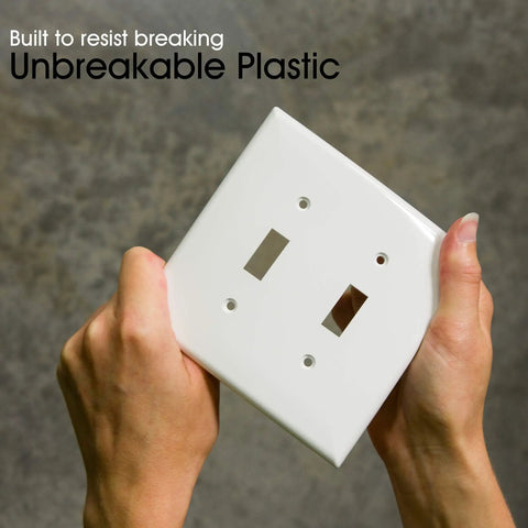 Two Gang Double Wall Plate Cover White Light Switch Cover With Screws Included for DIY Renovations Easy Install Durable Outlet Plate 0.32 x 4.47 Inches held by hands