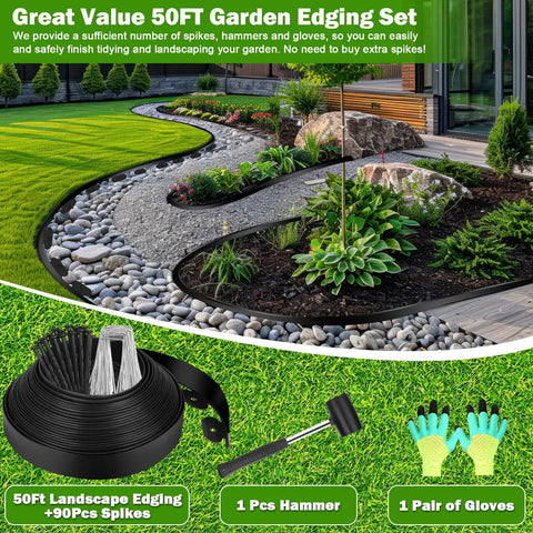 50Ft By 2In Landscape Edging Border Kit With 90 Pieces Garden Staples No Dig Border Edging System Includes Hammer And Gloves displayed in use