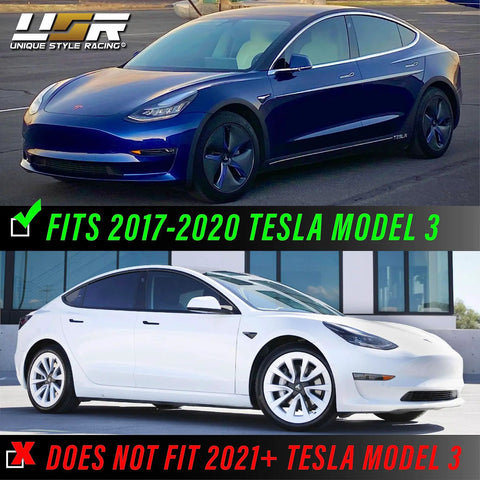Image showing two Tesla Model 3 cars; top fits 2017-2020, bottom does not fit 2021+. Focus: Tesla Model 3 Magnetic Sun Visor Clip Upgrade Kit 2017 2020.