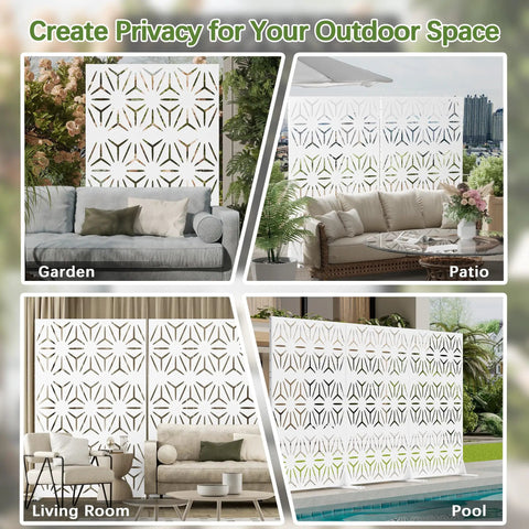 White Metal Privacy Screen With Stand Freestanding Outdoor Fence Panel 72 Inch High By 44 Inch Wide Floral Design