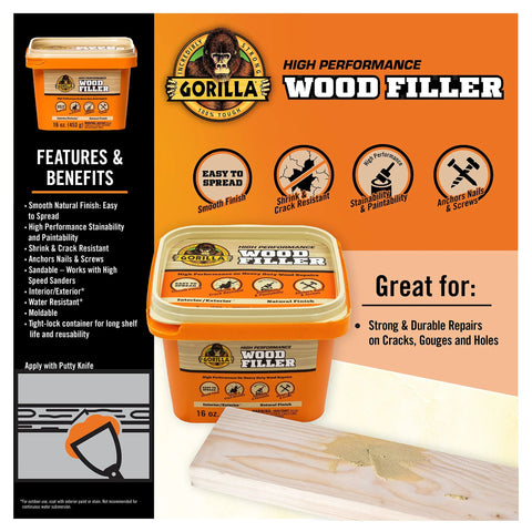 Gorilla all-purpose wood filler tub, 16 oz, natural finish; water resistant for indoor/outdoor use