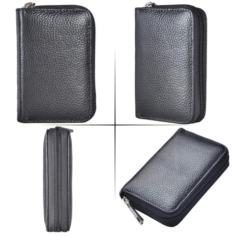 Genuine Leather Card Holder With Zipper Wallet For 26 Cards Black Slim And Durable Compact Go To Card Organizer four-view image