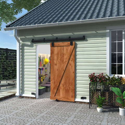 6Ft Black Exterior Sliding Barn Door Hardware Track Kit Beefy Heavy Duty Rail System For Outdoor Walls Weatherproof Wall Mount With Five Track Brackets Supports Up To 500 Lbs Ideal For Large Barn Doors Gates Or Patio Enclosures installed on light green building