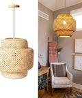Boho Rattan Pendant Light With Natural Bamboo Lantern Shade Rustic Wicker Chandelier for farmhouse kitchen decor