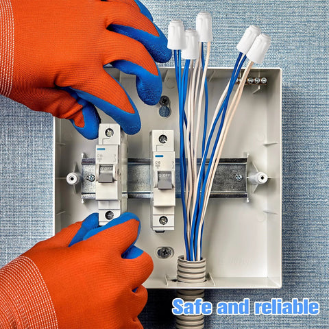 Ceramic wire nuts, white, high-temperature; 30-pack inside an electrical box with blue wires.