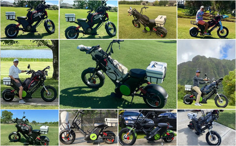Badass 2 In 1 Electric Golf Cart And Mobility Scooter with a storage bin, on a green golf course, showcasing its versatility.