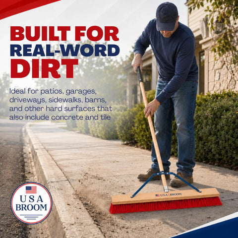 Heavy Duty 36 Inch Commercial Push Broom With Extended Handle For Hassle Free Indoor Outdoor Sweeping Built Like A Tank Workshop Floor Sweeper All Stainless Hardware Real American Made Rig in use on outdoor pavement.