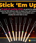 Set of 8 extendable 32 inch marshmallow roasting sticks with wooden handles and colored tips for fire pit and camping.