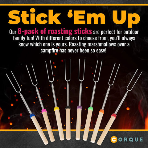 Set of 8 extendable 32 inch marshmallow roasting sticks with wooden handles and colored tips for fire pit and camping.