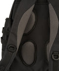 Heavy Duty Tool Backpack With Waterproof Base for easy tool organization, close-up of padded straps and mesh back panel, Tac Grey.