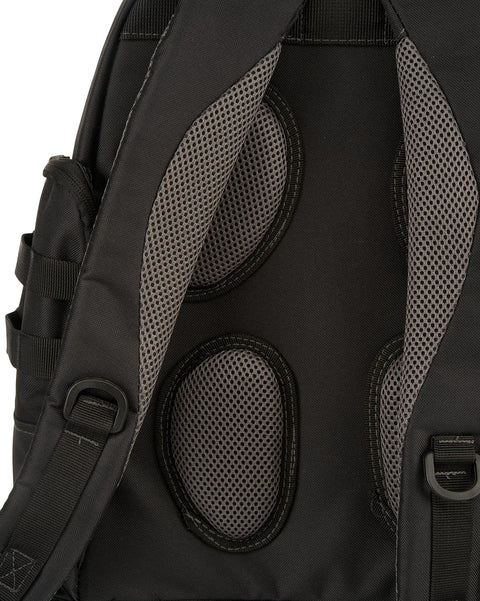 Heavy Duty Tool Backpack With Waterproof Base for easy tool organization, close-up of padded straps and mesh back panel, Tac Grey.