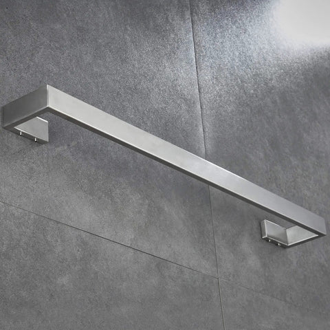 Stainless Steel 24 Inch Towel Bar Rack Wall Mount Towel Holder With Brushed Nickel Finish Modern Bath Towel Rail Heavy Duty Rust Resistant Easy To Clean Durable Single Bar Silver Bathroom Accessory mounted on grey wall.