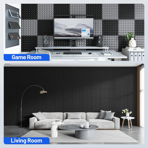 12 Pack Soundproof Foam Panels Ditch The Echo Now With Self Adhesive Peel And Stick Ultra High Density Wall Acoustic Tiles in game and living rooms.