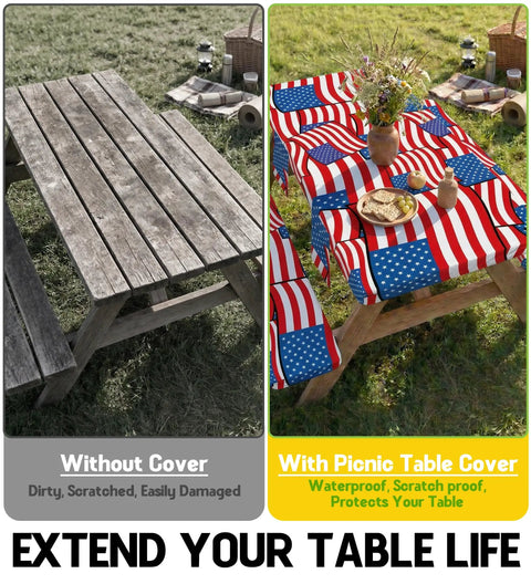 Comparison of bare picnic table and one with Waterproof Picnic Table Cover With Bench Covers Set For 72x30 Table And 72x12 Benches A Fitted Outdoor Tablecloth For Camping RV Travel Road Trips Road Trip Ready Gear And Accessories With American Flag Design Gift