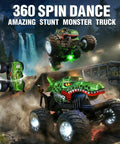 Rad Remote Control Monster Truck For Kids 4 5 6 7 8 9 Years Old With 360 Degree Stunts Dino Design Music Wireless LED Strobe Lights Two Batteries Green performing stunts near a waterfall.