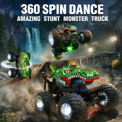 Rad Remote Control Monster Truck For Kids 4 5 6 7 8 9 Years Old With 360 Degree Stunts Dino Design Music Wireless LED Strobe Lights Two Batteries Green performing stunts near a waterfall.