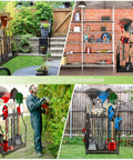 Garden Tool Storage Rack For Garage And Yard Heavy Duty Alloy Steel And Plastic Construction 28 Inch Long By 15 Inch Wide By 36.5 Inch High Easy Install Holds Shovels Rakes Hoes Watering Cans And Other Lawn Tools 2 Year Warranty in use outdoors and indoors