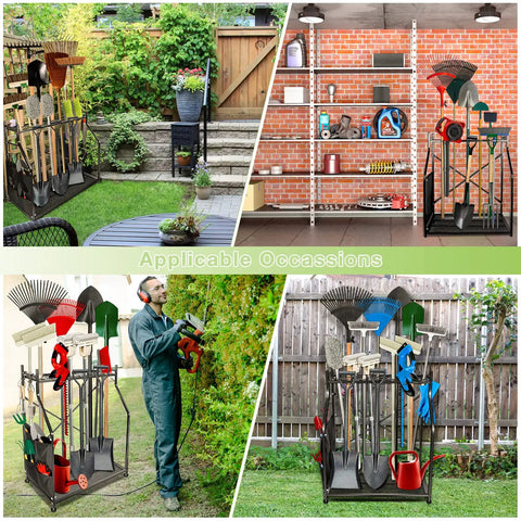 Garden Tool Storage Rack For Garage And Yard Heavy Duty Alloy Steel And Plastic Construction 28 Inch Long By 15 Inch Wide By 36.5 Inch High Easy Install Holds Shovels Rakes Hoes Watering Cans And Other Lawn Tools 2 Year Warranty in use outdoors and indoors