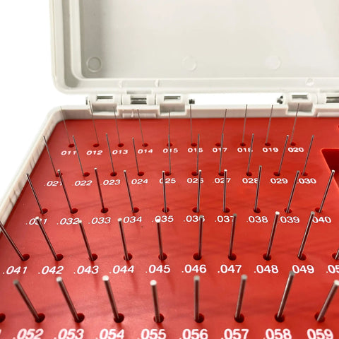 Pro Grade Pin Gauge Set 50 Piece In Bearing Steel, Heat Treated And Burr Free, With Sturdy Storage Case, Precision 0.011 To 0.060 Inches, Great For Machining, Alignment, And Tight Tolerances. pin gauges in red case, .011-.060 in