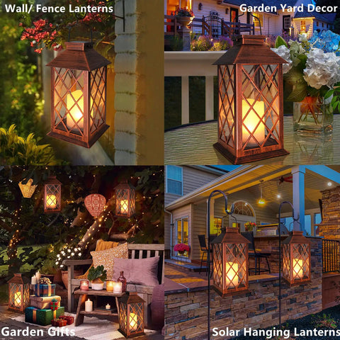 14 Inch Solar Lanterns Outdoor Garden Lights Weatherproof Waterproof LED Flickering Flameless Candles for Patio Table