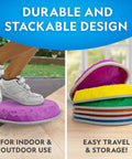 Durable Non Slip Stepping Stones For Kids 3 Plus Set Of 10 Colorful Indoor Outdoor Balance And Motor Skill Builder in use and stacked