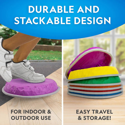 Durable Non Slip Stepping Stones For Kids 3 Plus Set Of 10 Colorful Indoor Outdoor Balance And Motor Skill Builder in use and stacked