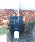 Installed Square Catch Basin Drain Kit With Two Opening Basin Black Plastic Grate Two Outlet Adapters And One Outlet Plug 12 Inch