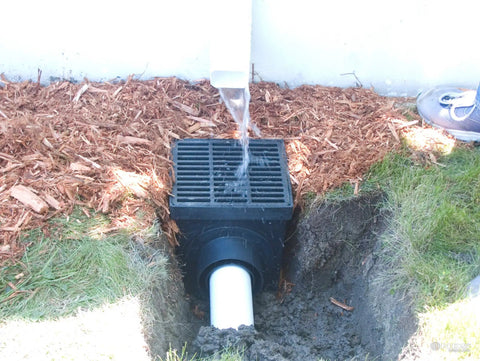 Installed Square Catch Basin Drain Kit With Two Opening Basin Black Plastic Grate Two Outlet Adapters And One Outlet Plug 12 Inch