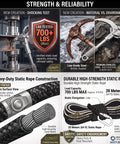 Testing and details of survival grappling hook with foldable stainless steel heavy duty large hook and 20m 64ft nylon rope.