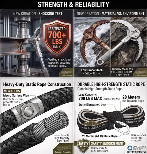 Testing and details of survival grappling hook with foldable stainless steel heavy duty large hook and 20m 64ft nylon rope.