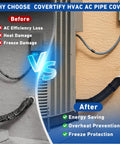 Before and after comparison of HVAC pipes with Five Layer Workhorse HVAC Copper Line Pipe Insulation Cover for all-season protection.